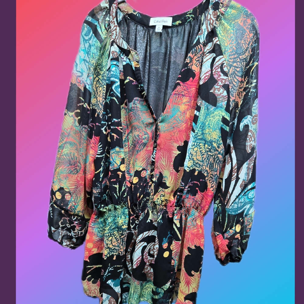 Calvin Klein Green and Pink Graphic 3/4 Sleeve Blouse
